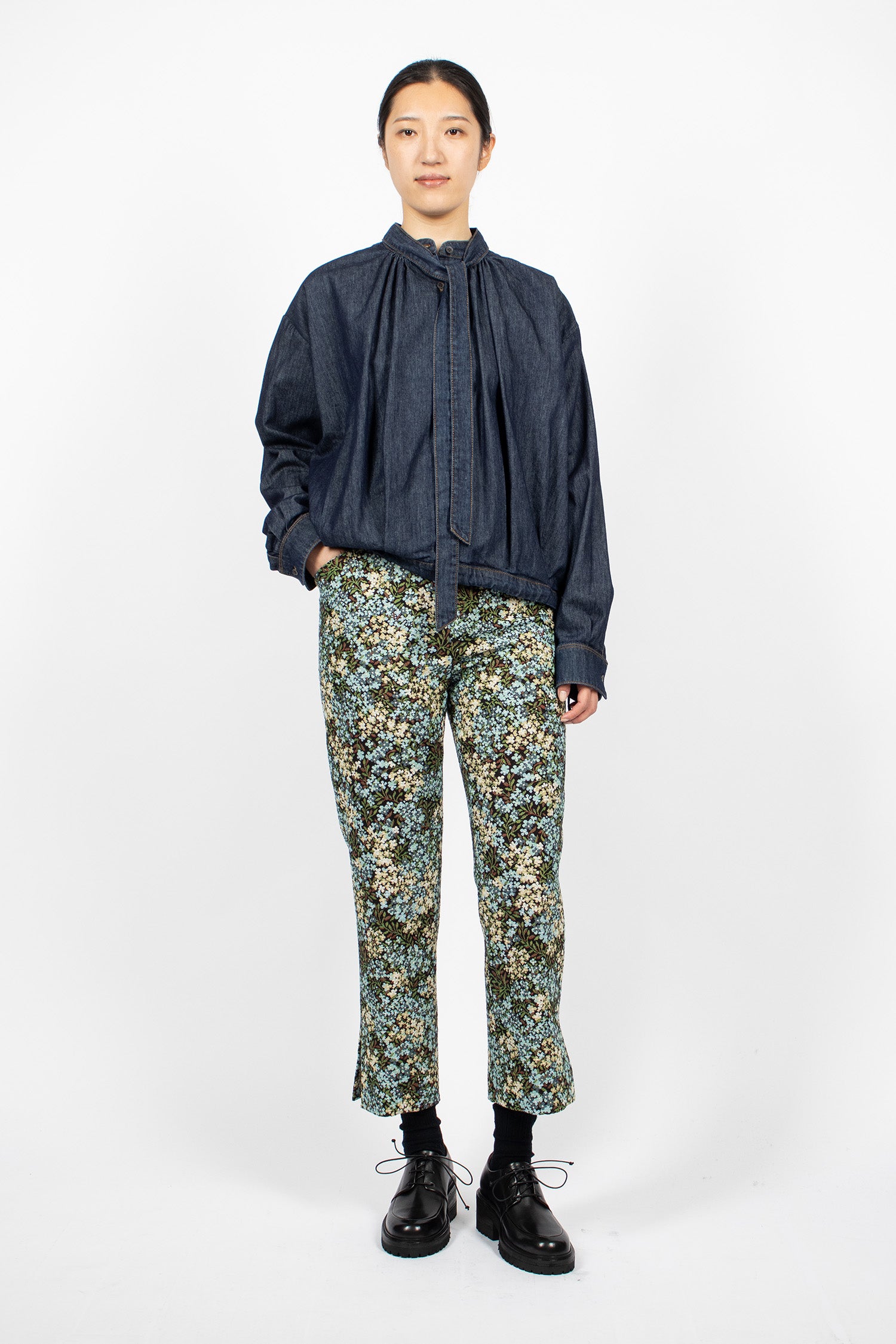 Tie-Neck Denim Blouse Indigo