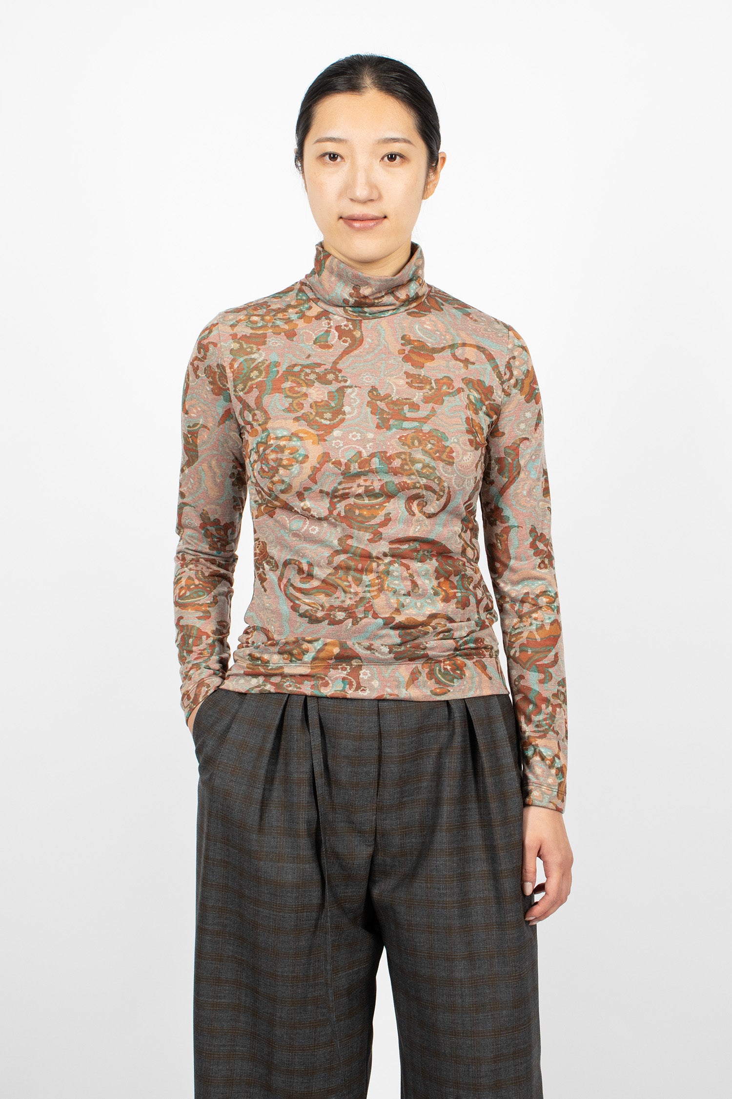 Printed Turtleneck Jersey Tee Brown
