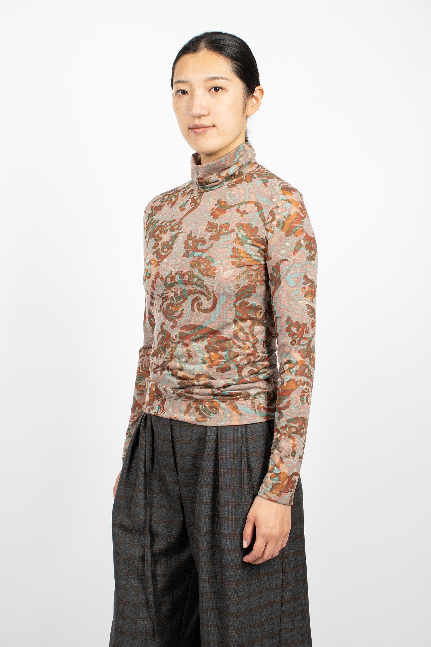 Printed Turtleneck Jersey Tee Brown