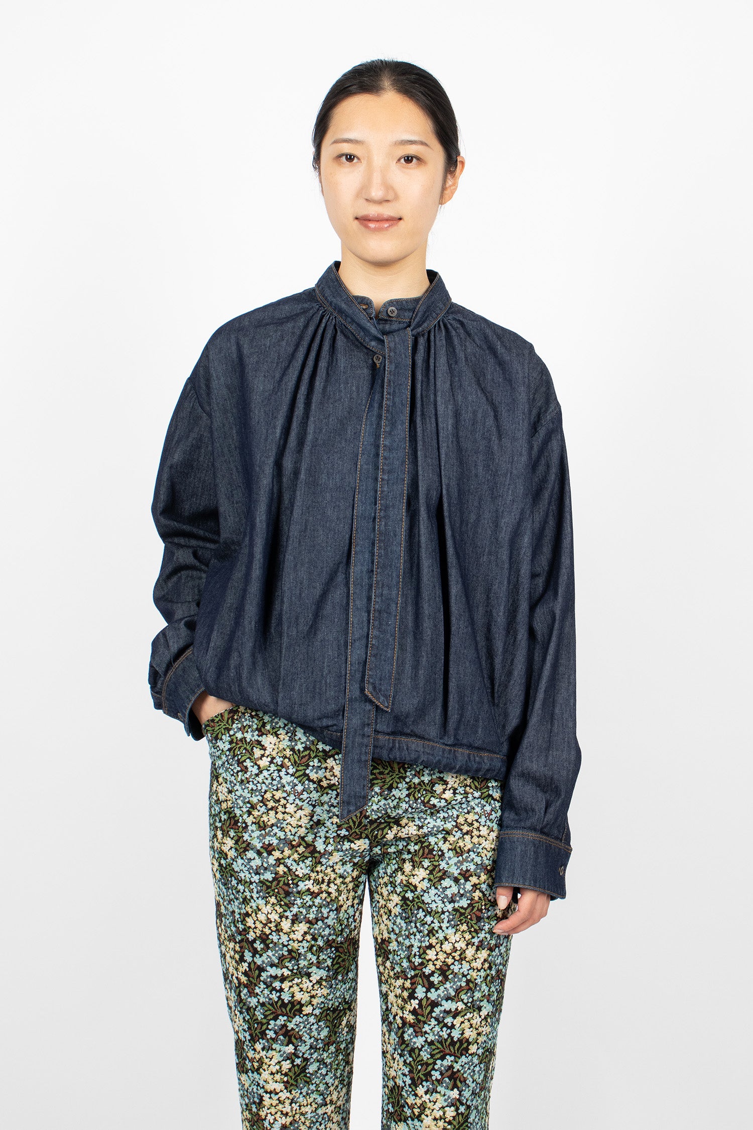 Tie-Neck Denim Blouse Indigo