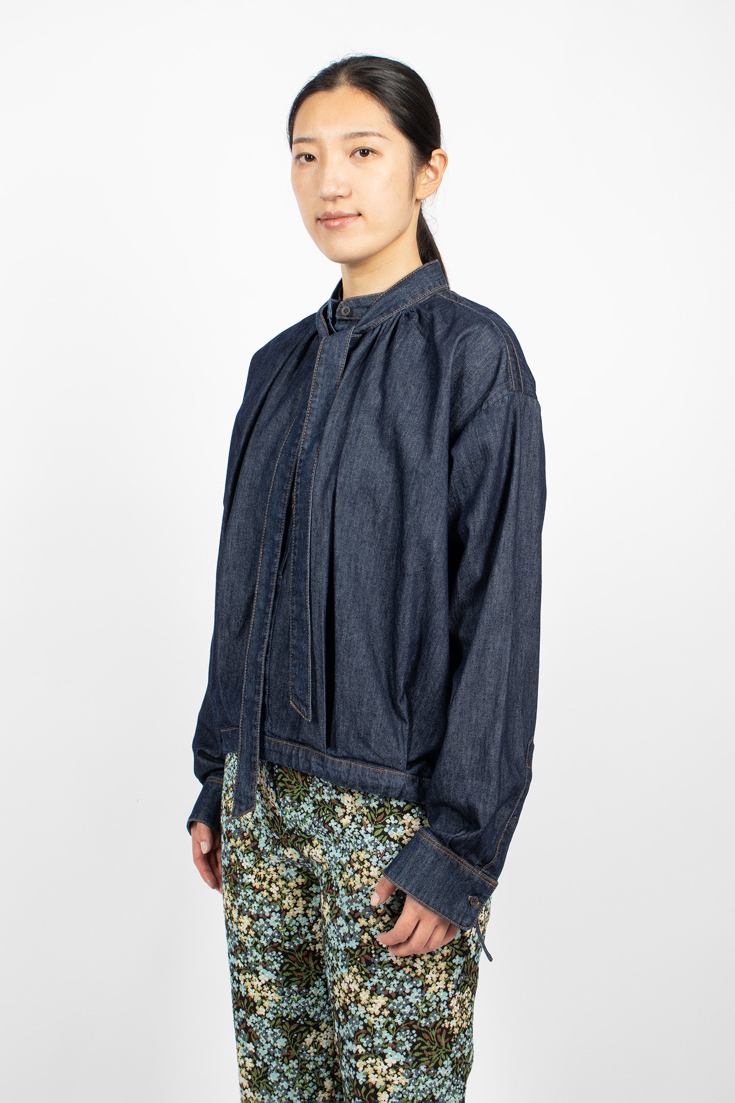 Tie-Neck Denim Blouse Indigo
