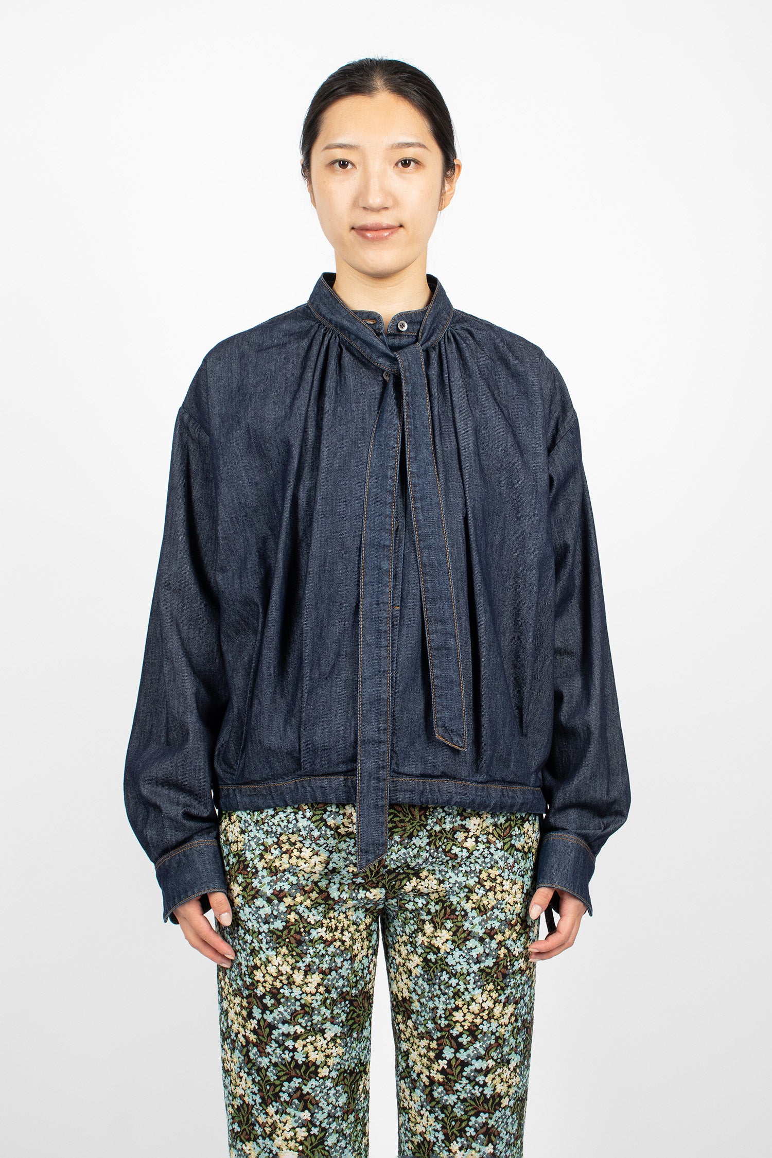 Tie-Neck Denim Blouse Indigo