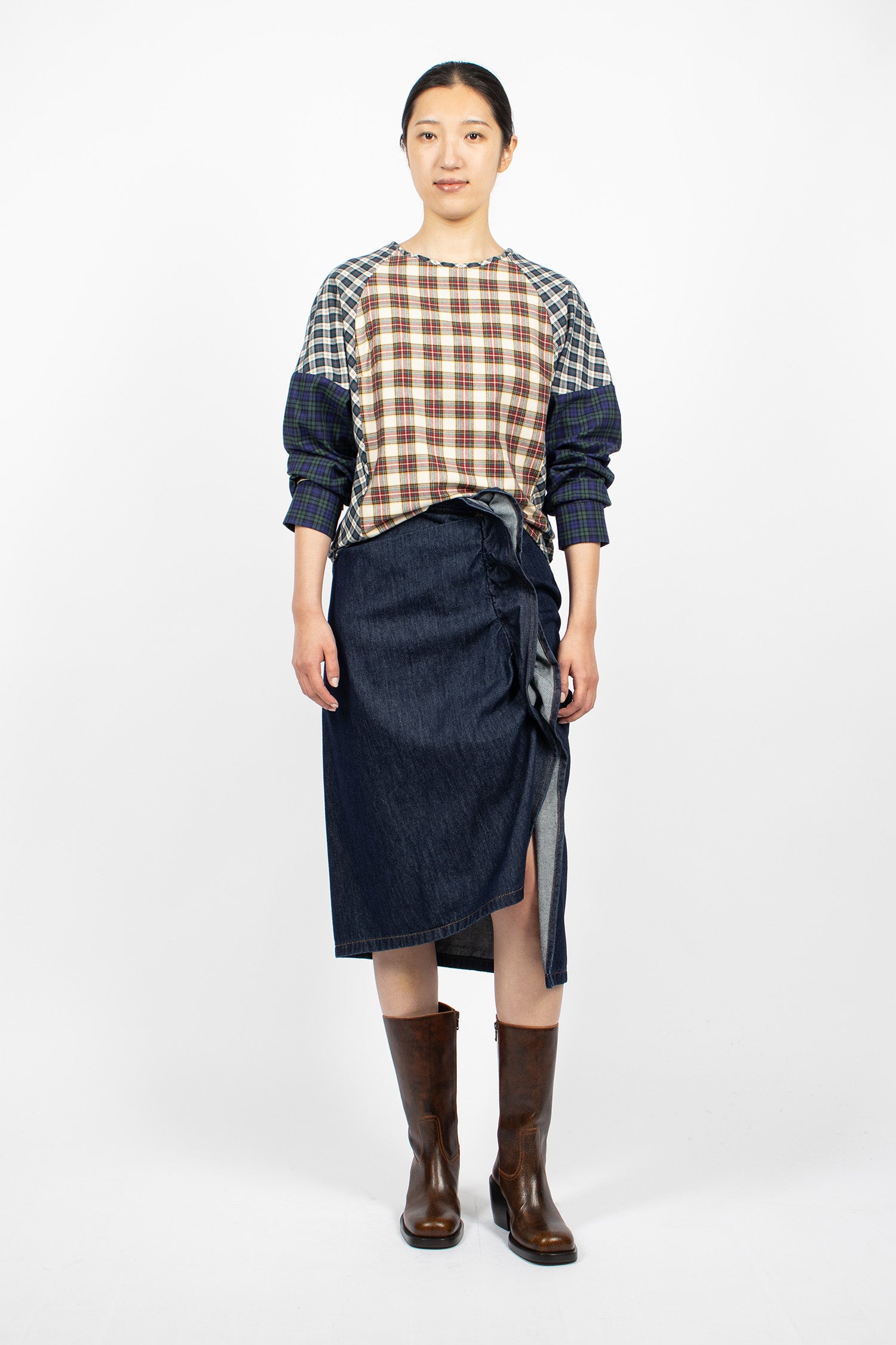 Contrast Cotton Flannel Top Ecru
