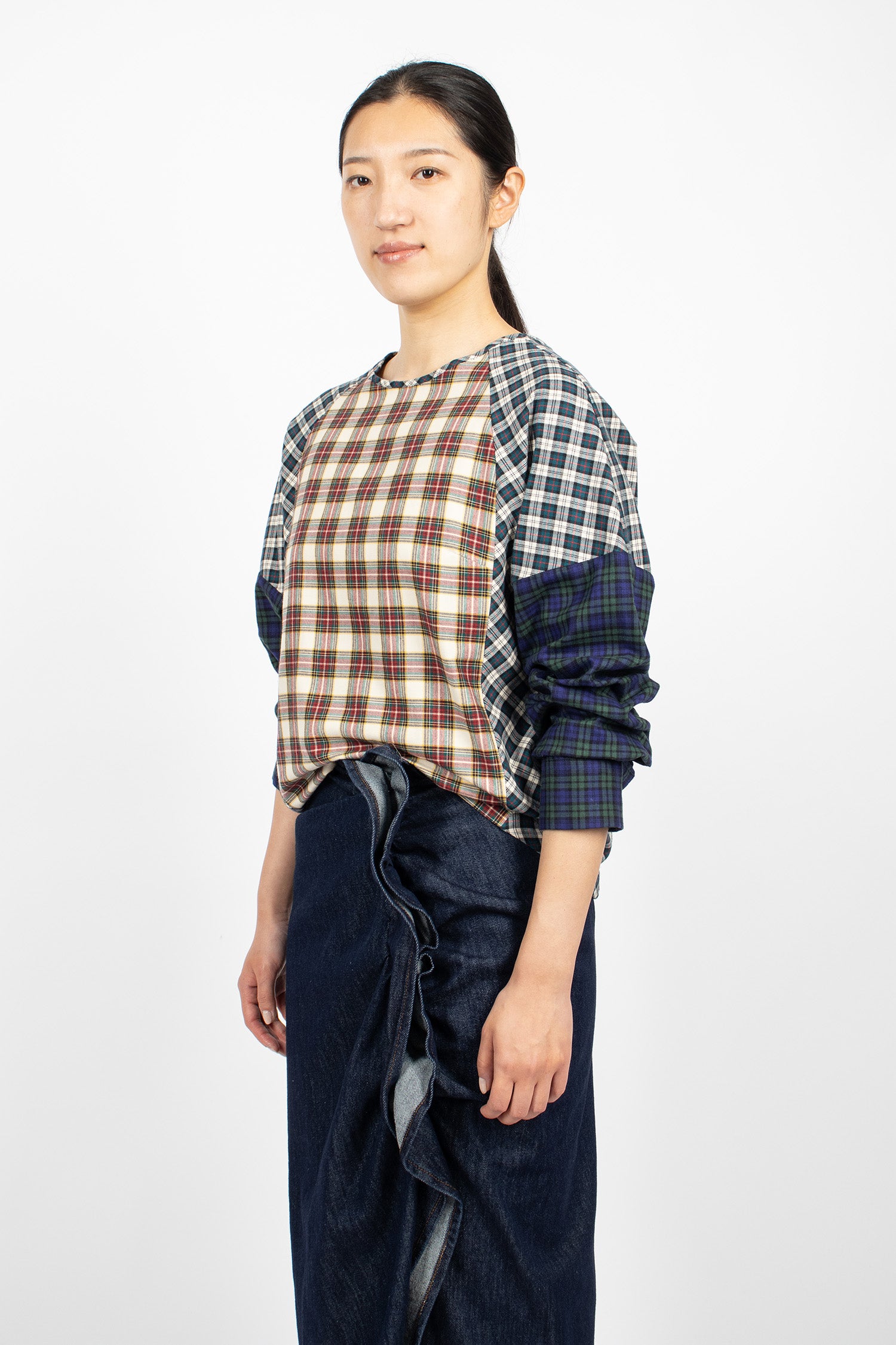 Contrast Cotton Flannel Top Ecru