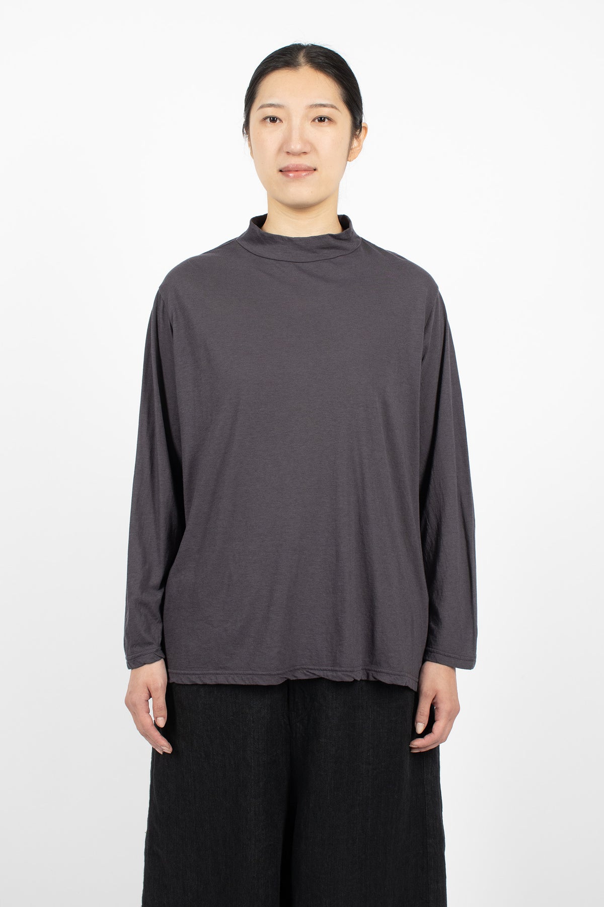 Cotton Silk Plainstitch Mock Neck Pullover Navy
