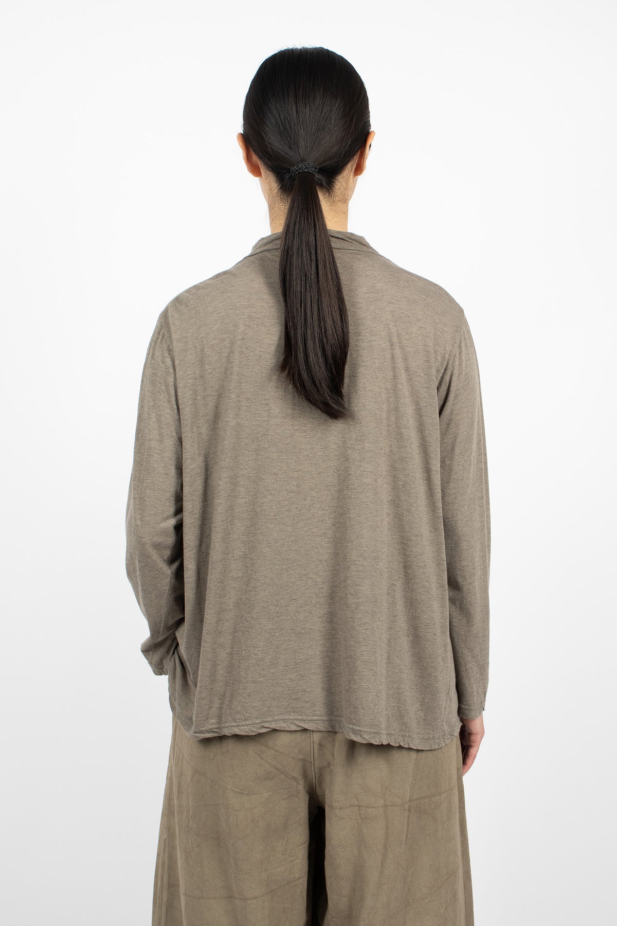 Cotton Silk Plainstitch Mock Neck Pullover Grey-Olive