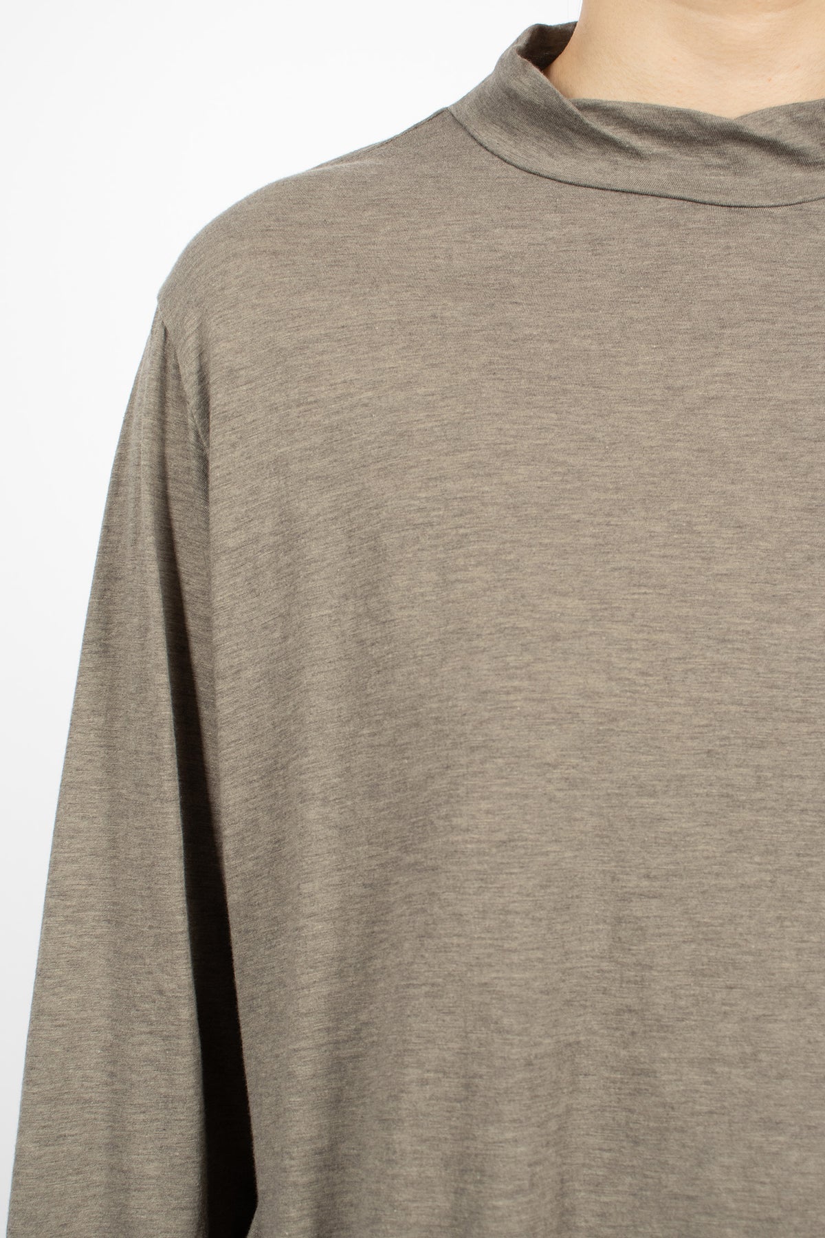 Cotton Silk Plainstitch Mock Neck Pullover Grey-Olive